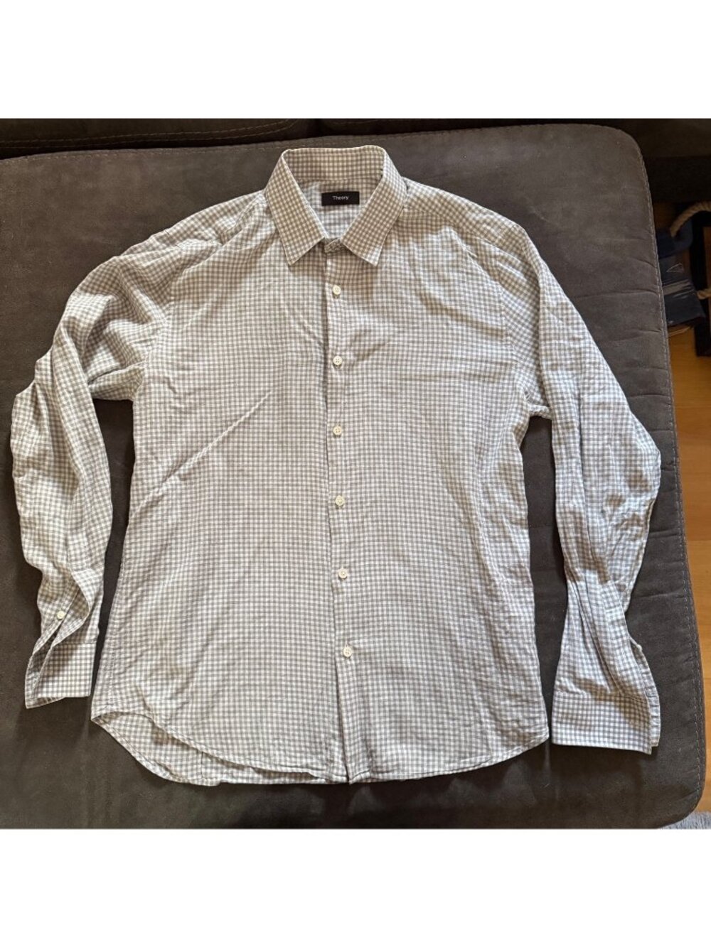 Theory Mens Gingham Long-Sleeve Button-Down Shirt Size L Gray & White 100% Cotto